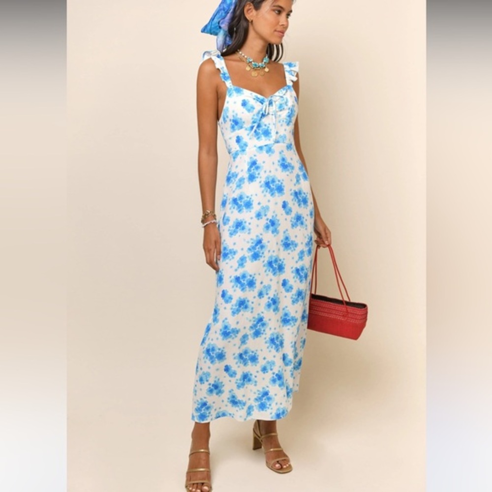 REVOLVE X RIXO LONDON Cecile Blue Floral Printed Dress Maxi linen Medium